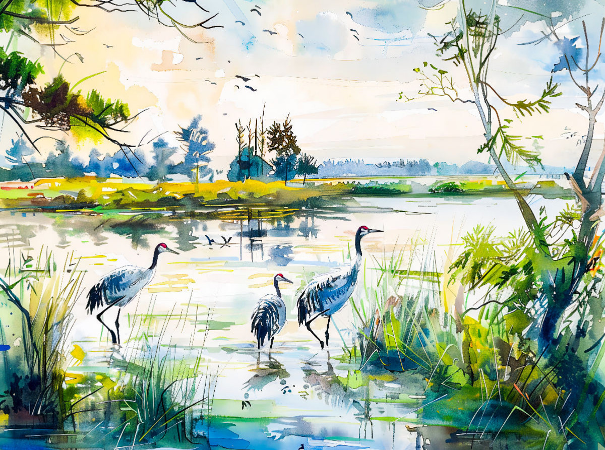 Kraniche im Havelland stehen im Flachwasser eines stillen Sees