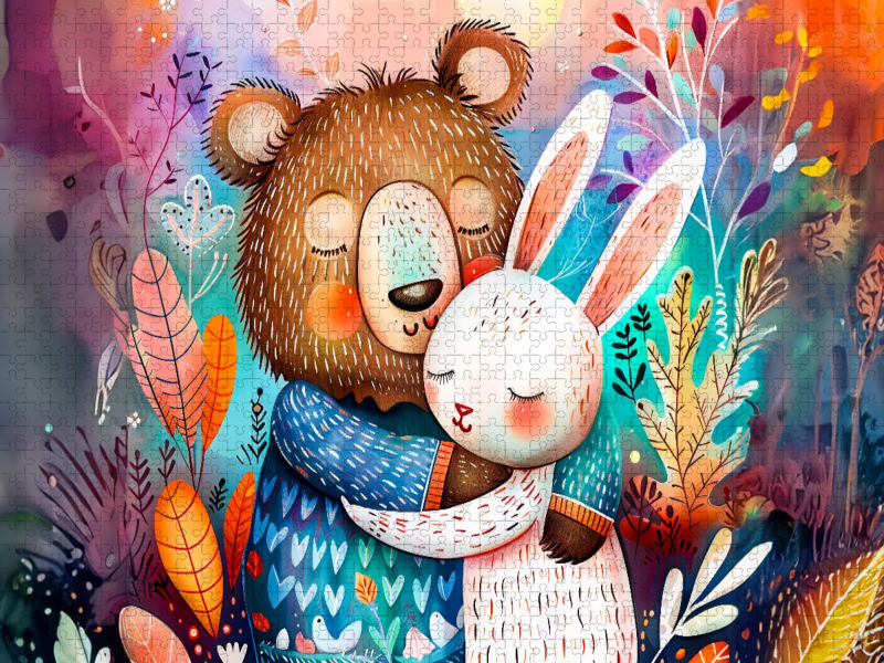 Aquarell Comic Bär und Hase umarmen sich in freundlicher Szene