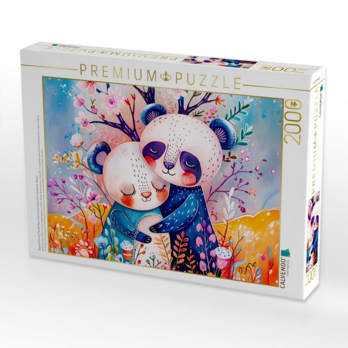 Aquarell Comic Panda Paar umarmt sich liebevoll in moderner Szene