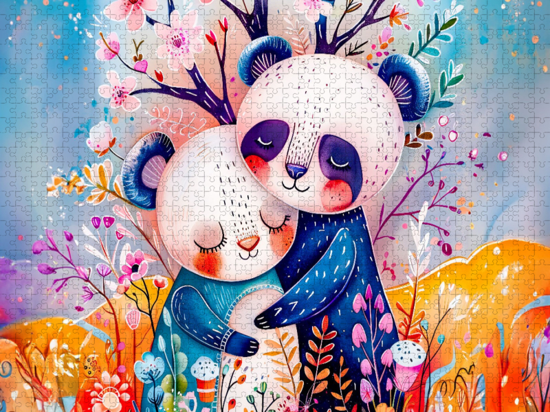 Aquarell Comic Panda Paar umarmt sich liebevoll in moderner Szene