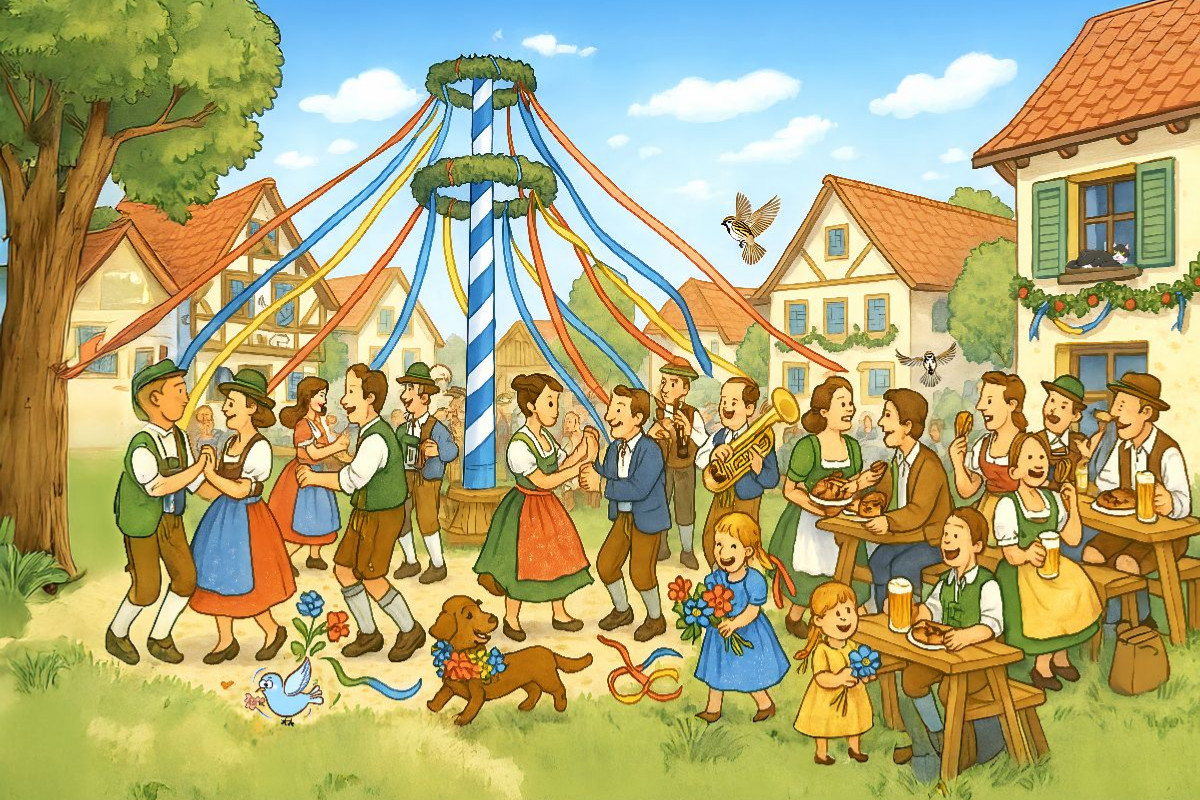 Bayerisches Maifest Wimmelbild mit Tanzbaum und fröhlichen Dorfbewohnern
