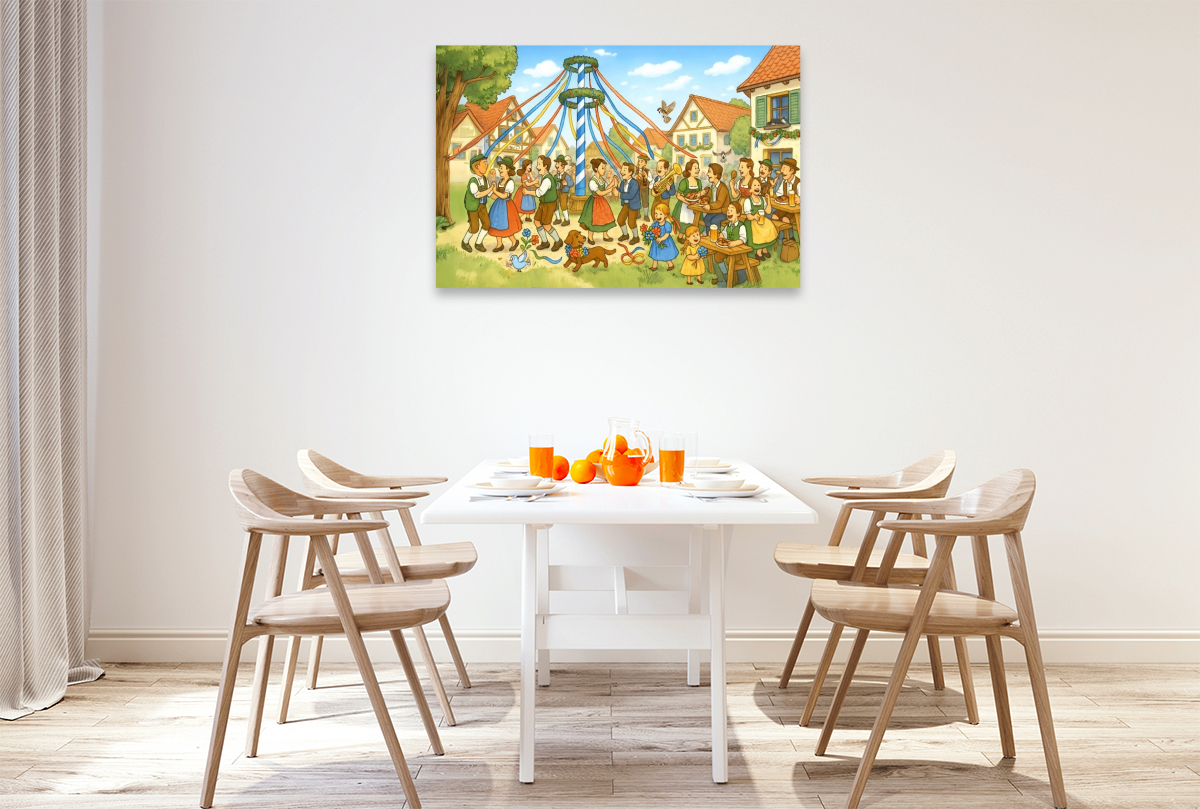 Bayerisches Maifest Wimmelbild mit Tanzbaum und fröhlichen Dorfbewohnern