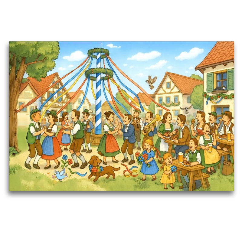 Bayerisches Maifest Wimmelbild mit Tanzbaum und fröhlichen Dorfbewohnern