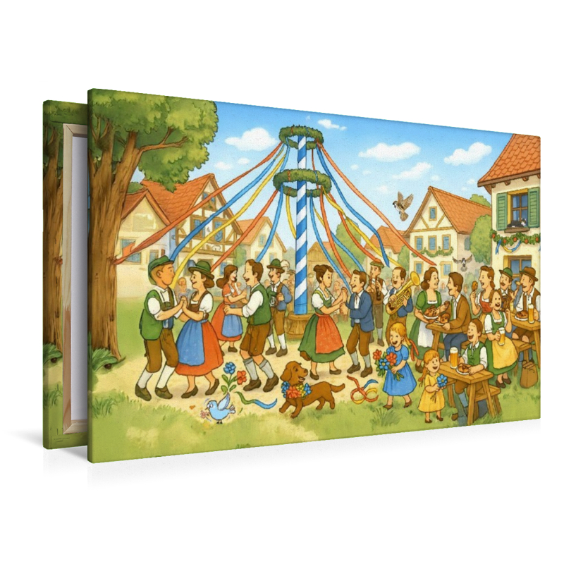 Bayerisches Maifest Wimmelbild mit Tanzbaum und fröhlichen Dorfbewohnern
