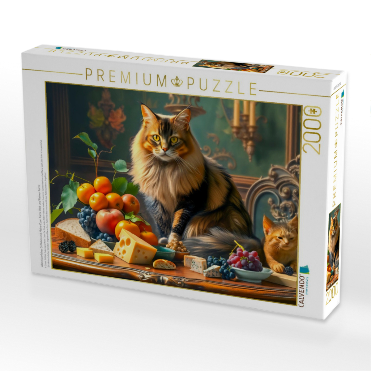 Altmeisterliches Stillleben mit Maine Coon Katze Obst und kleiner Katze
