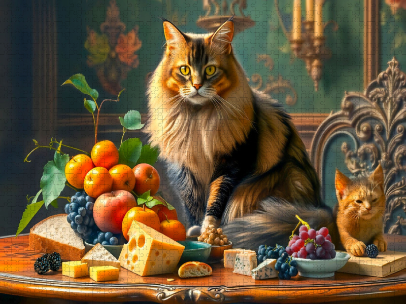 Altmeisterliches Stillleben mit Maine Coon Katze Obst und kleiner Katze