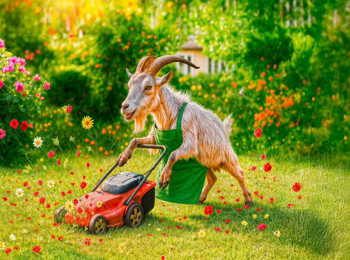 Ziegenbock als Gärtner mäht Rasen und alle Blumen ab