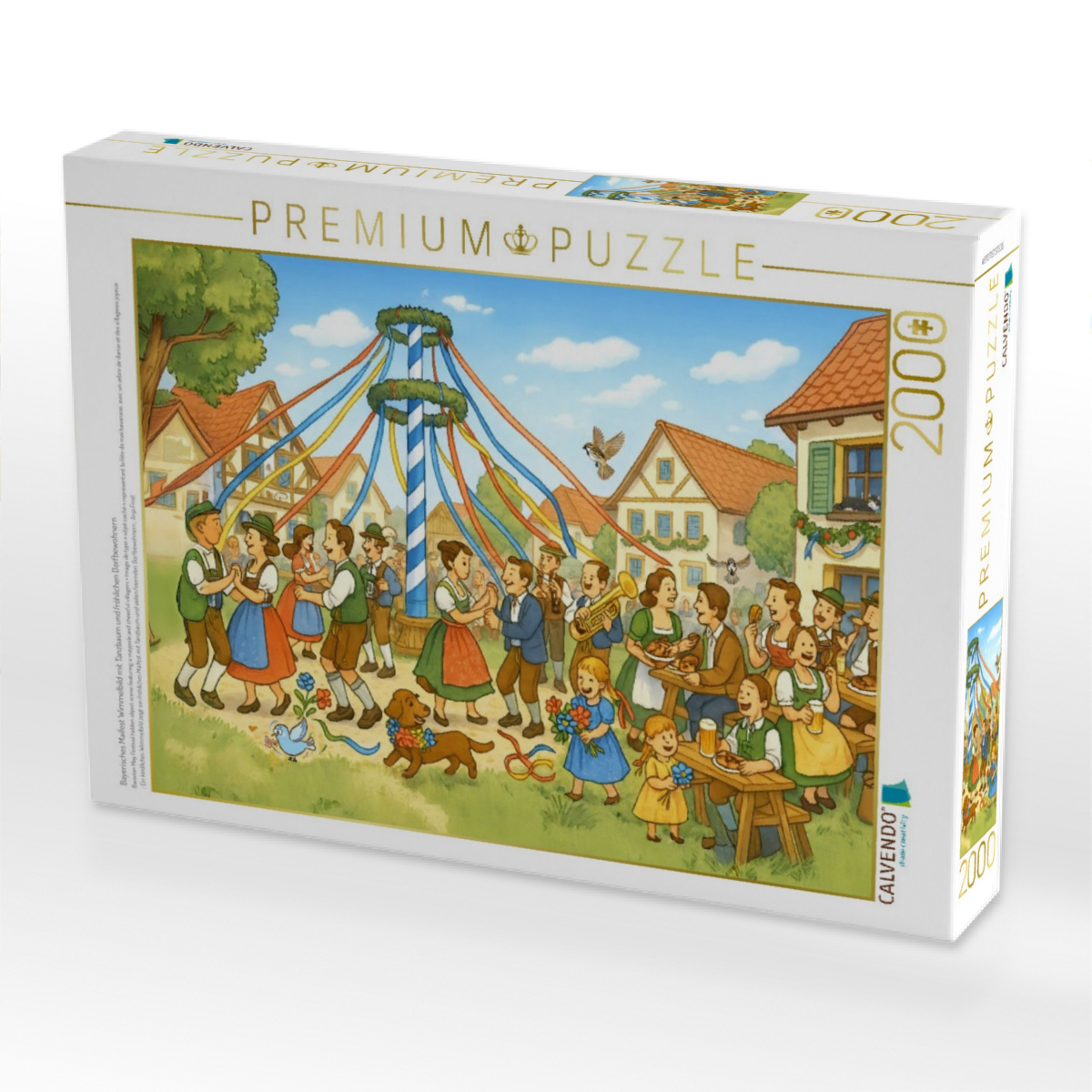 Bayerisches Maifest Wimmelbild mit Tanzbaum und fröhlichen Dorfbewohnern
