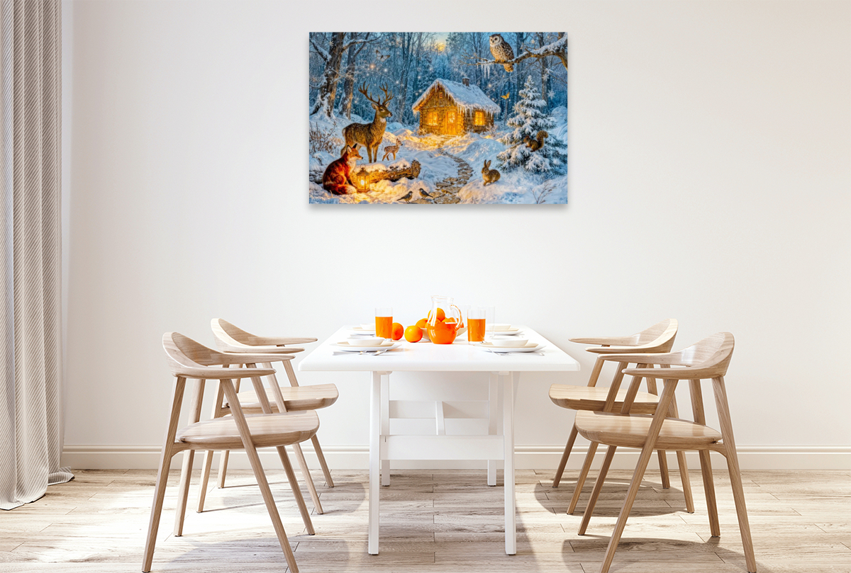Winter Cottage Szene mit Hirsch Fuchs Eule Hase und Eichhörnchen
