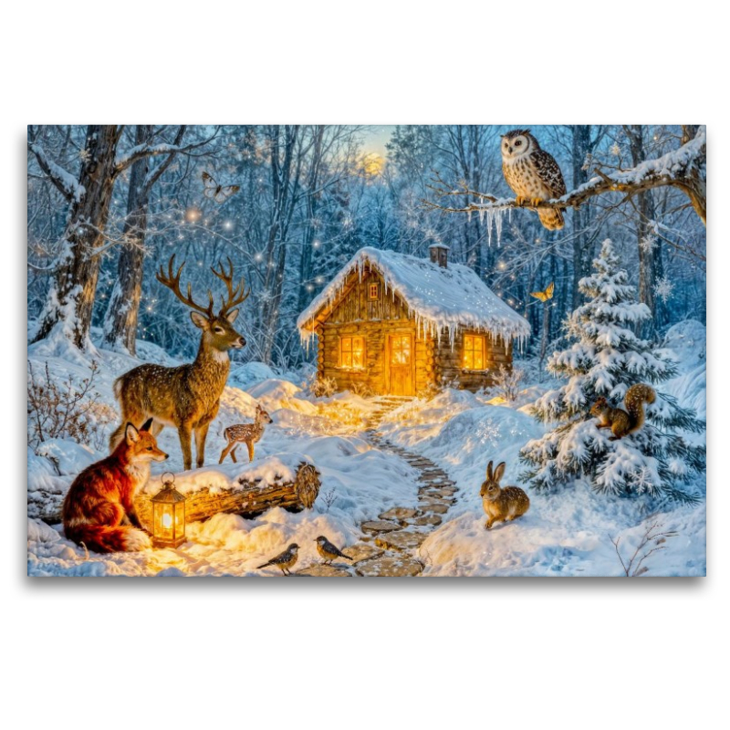 Winter Cottage Szene mit Hirsch Fuchs Eule Hase und Eichhörnchen