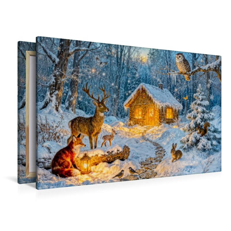 Winter Cottage Szene mit Hirsch Fuchs Eule Hase und Eichhörnchen