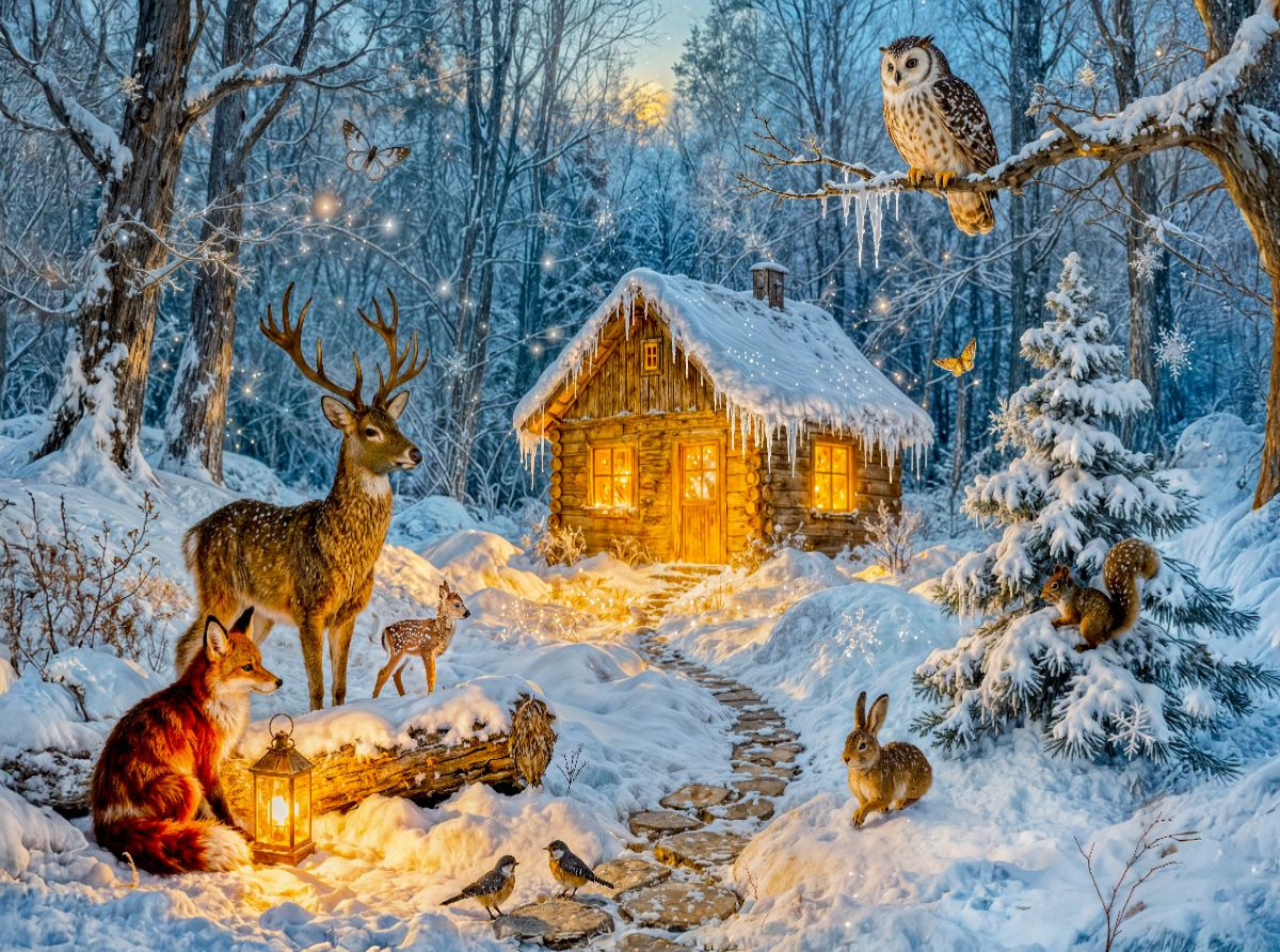 Winter Cottage Szene mit Hirsch Fuchs Eule Hase und Eichhörnchen