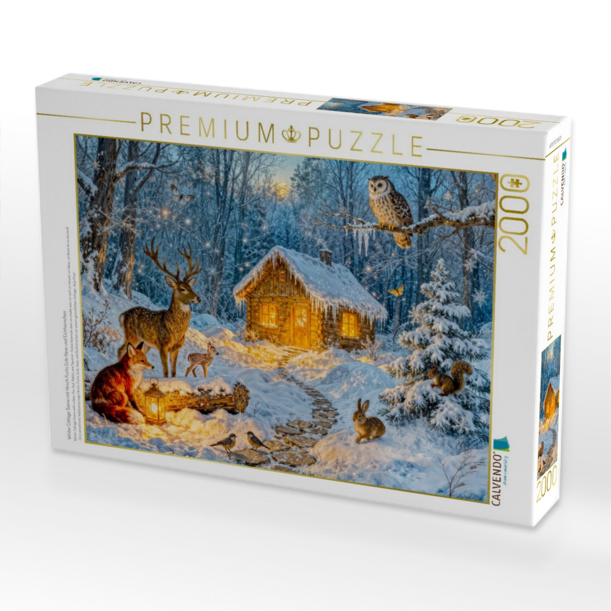 Winter Cottage Szene mit Hirsch Fuchs Eule Hase und Eichhörnchen