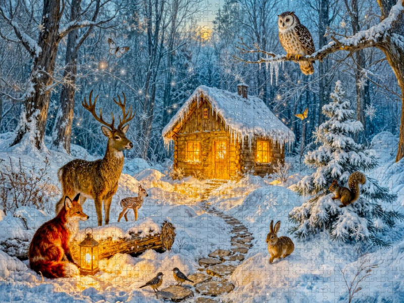 Winter Cottage Szene mit Hirsch Fuchs Eule Hase und Eichhörnchen