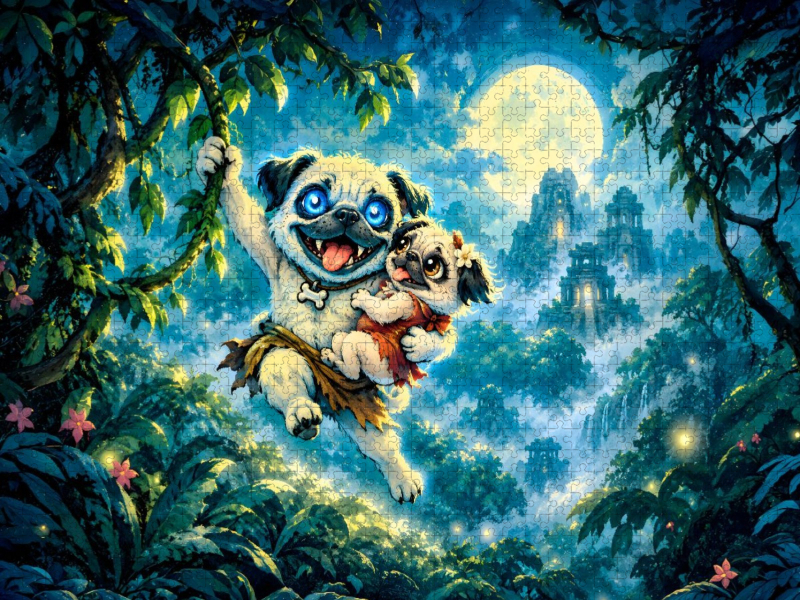 Mopsy und Jane schwingen bei Mondschein durch den wilden Dschungel