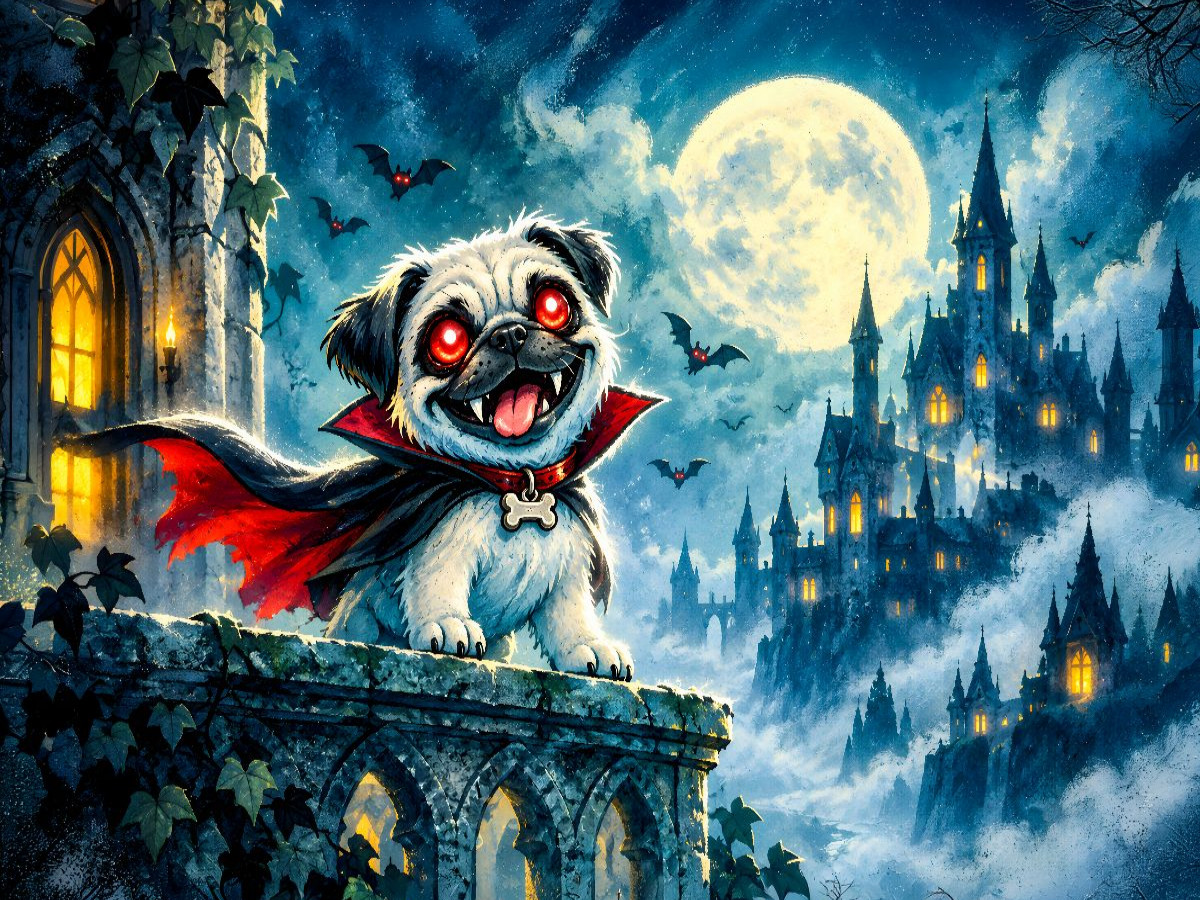 Mopsula als nächtliche Dracula Filmparodie auf mondheller Schlossbalkon