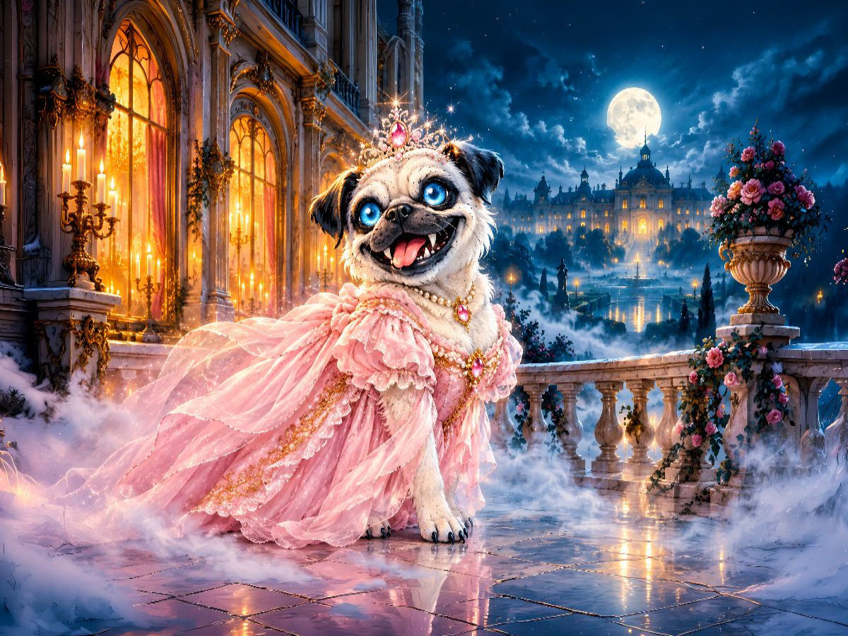Kaiser Mops im rosa Kleid auf nächtlicher Schloss Terrasse