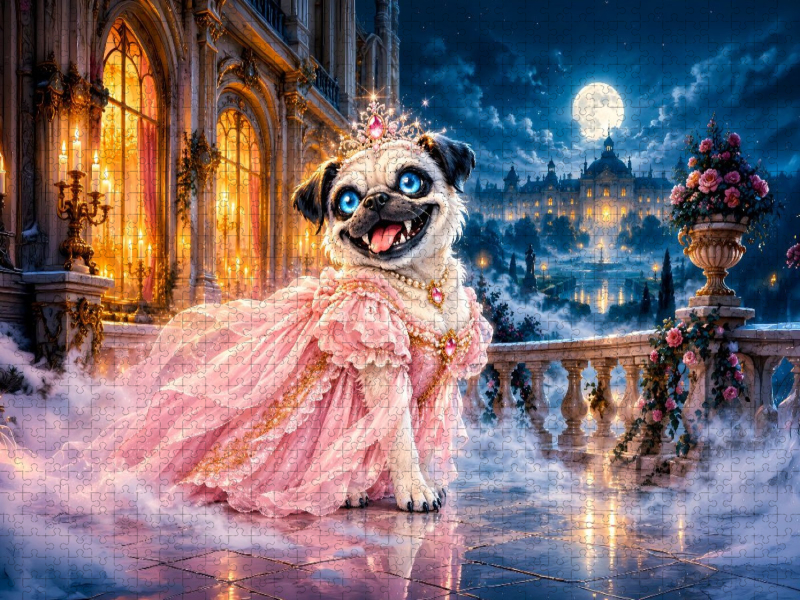 Kaiser Mops im rosa Kleid auf nächtlicher Schloss Terrasse