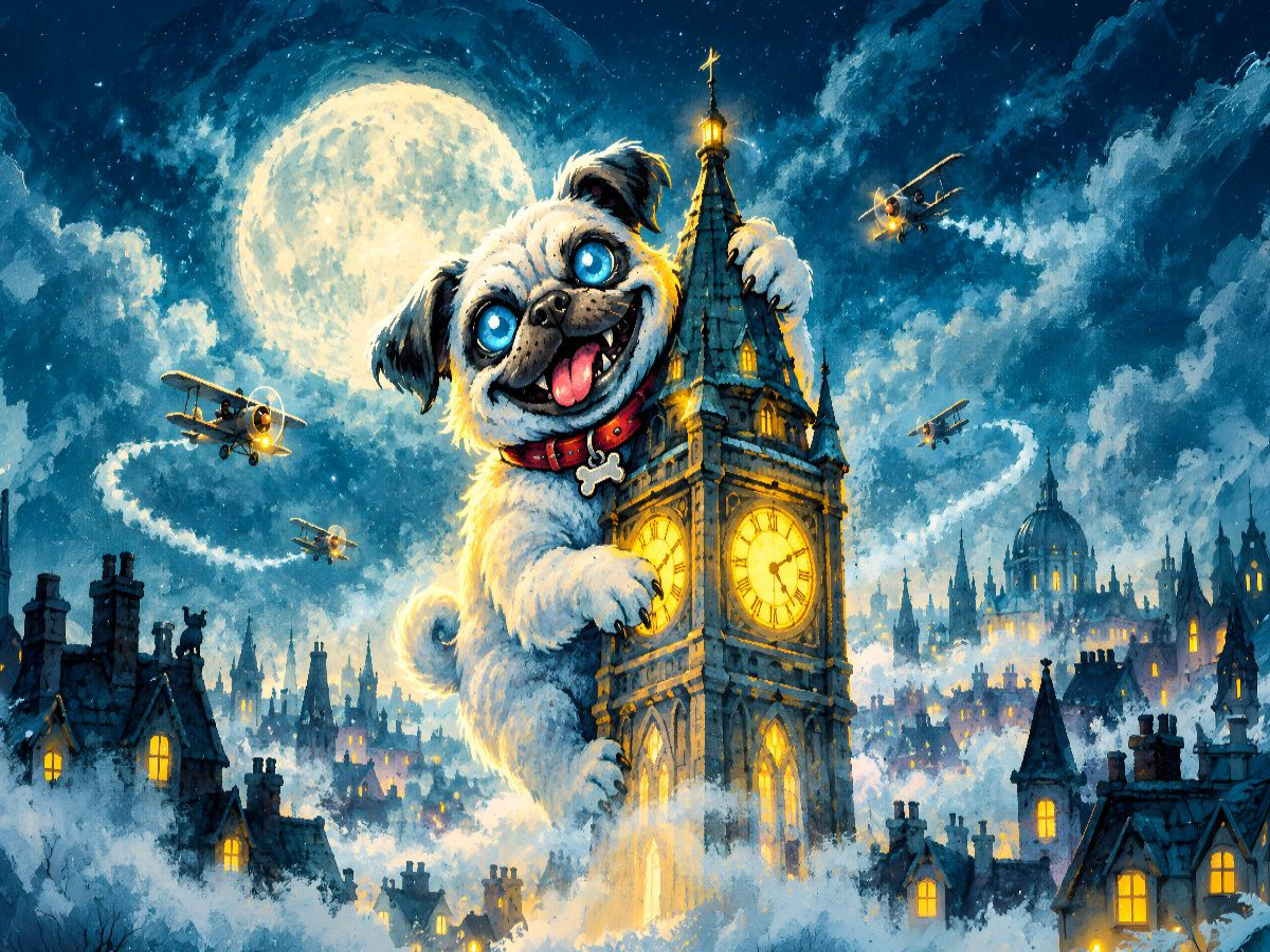 Riesiger Mops klettert bei Vollmond den Big Ben in London hoch