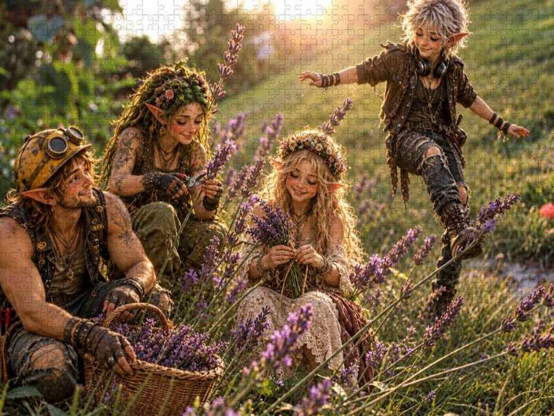 Wichtel beim Lavendel pflücken