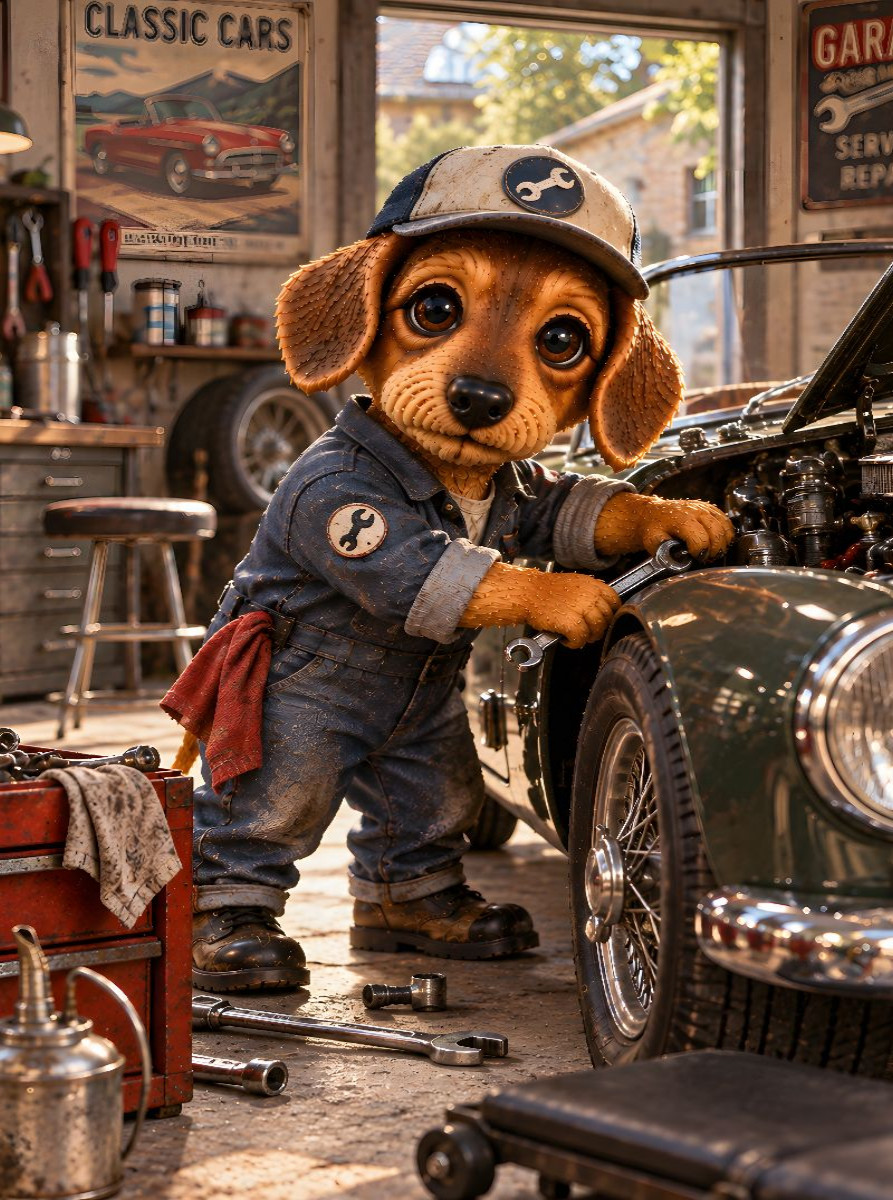 Lui als Automechaniker