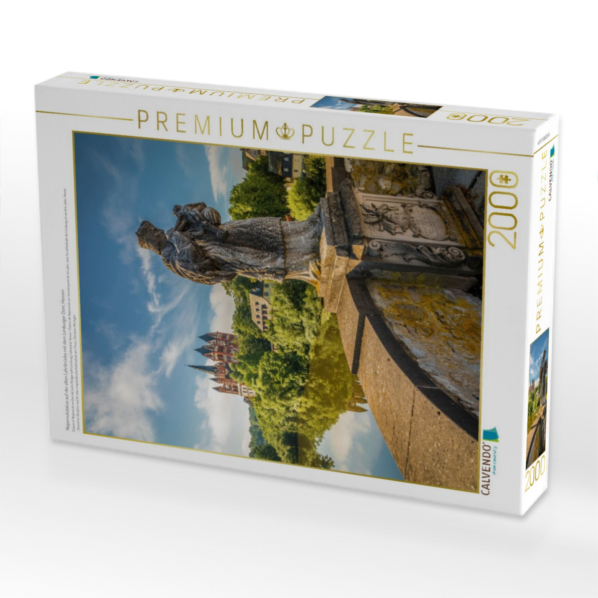 Nepomukstatue auf der alten Lahnbrücke mit dem Limburger Dom, Hessen