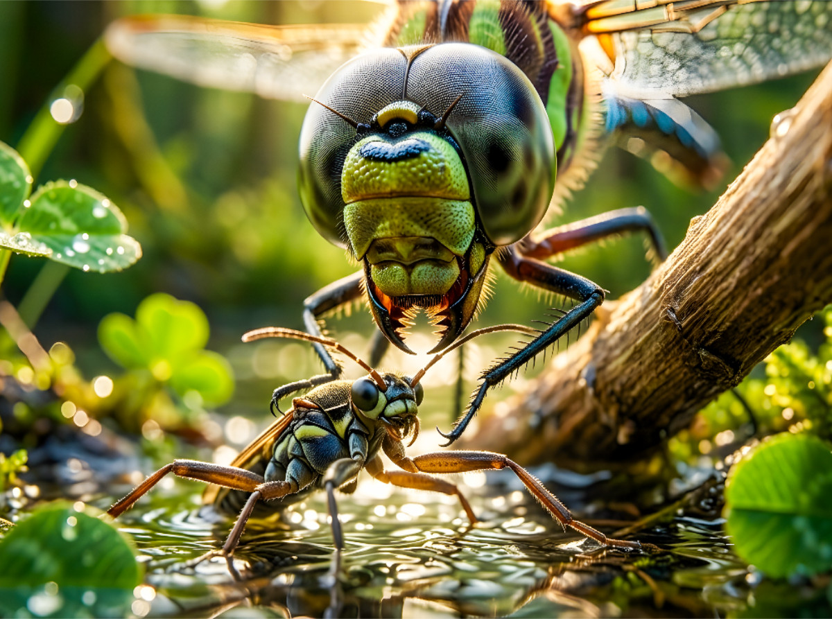 Die Libelle fängt Beute im Flug