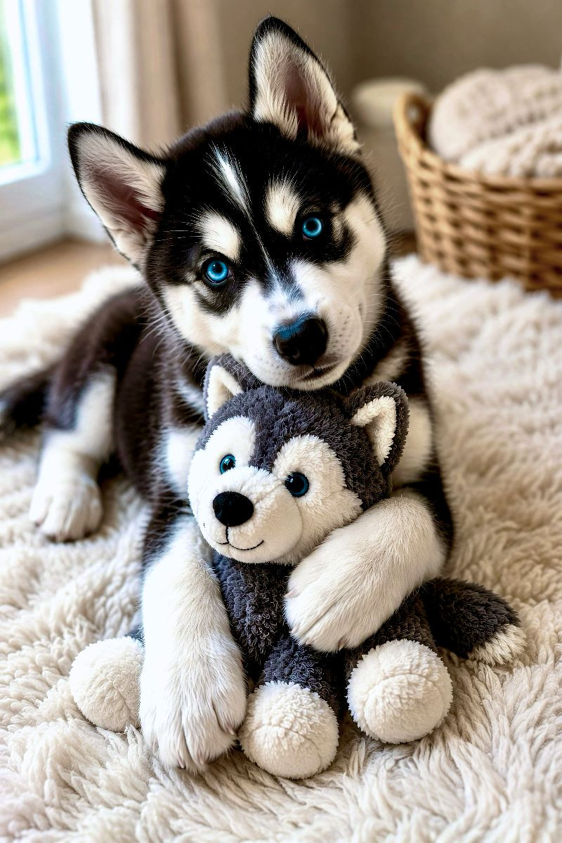 Husky Welpe mit Kuscheltier