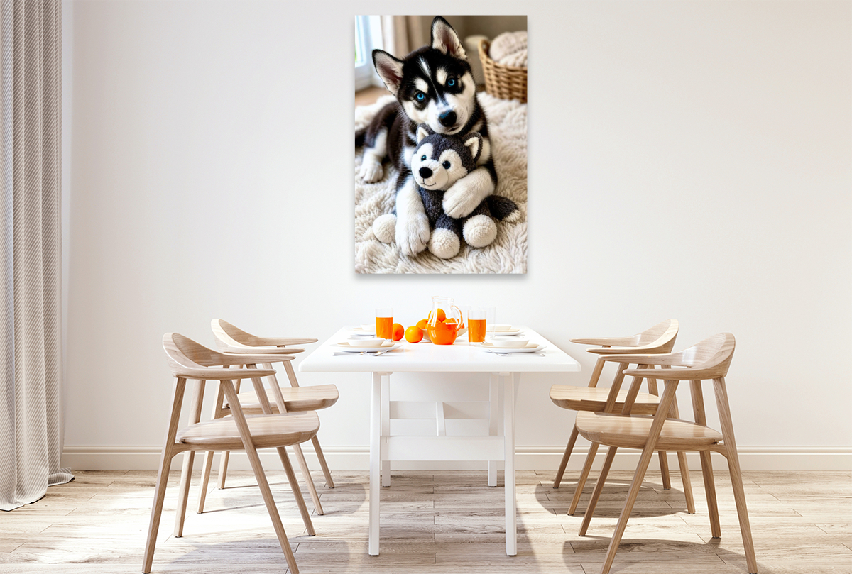 Husky Welpe mit Kuscheltier
