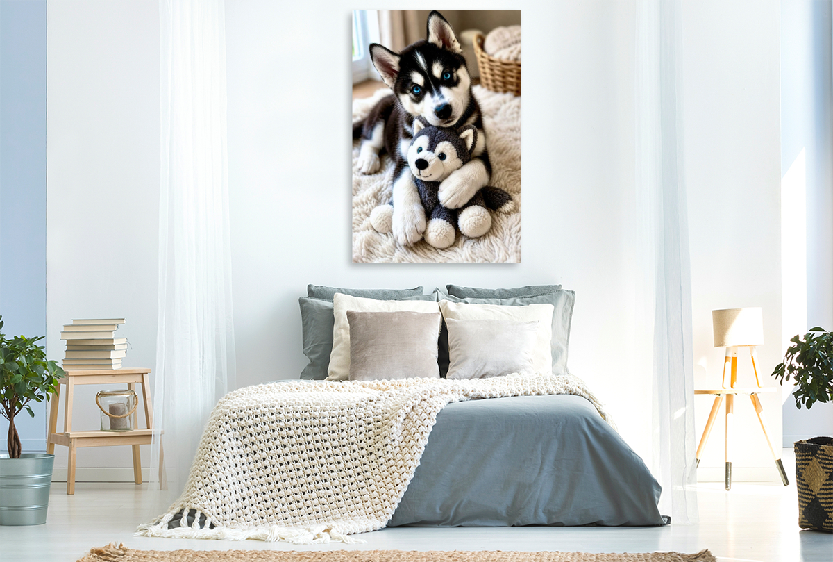 Husky Welpe mit Kuscheltier