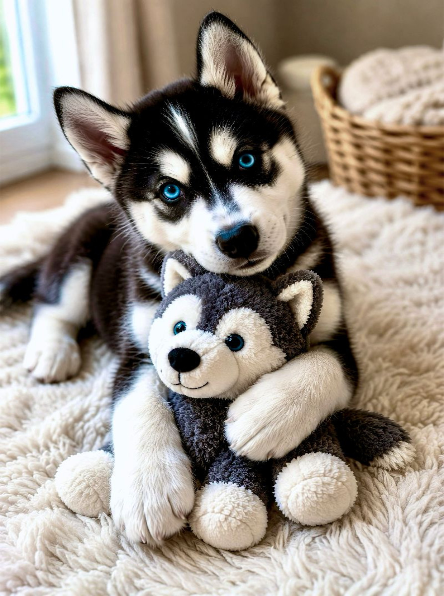 Husky Welpe mit Kuscheltier