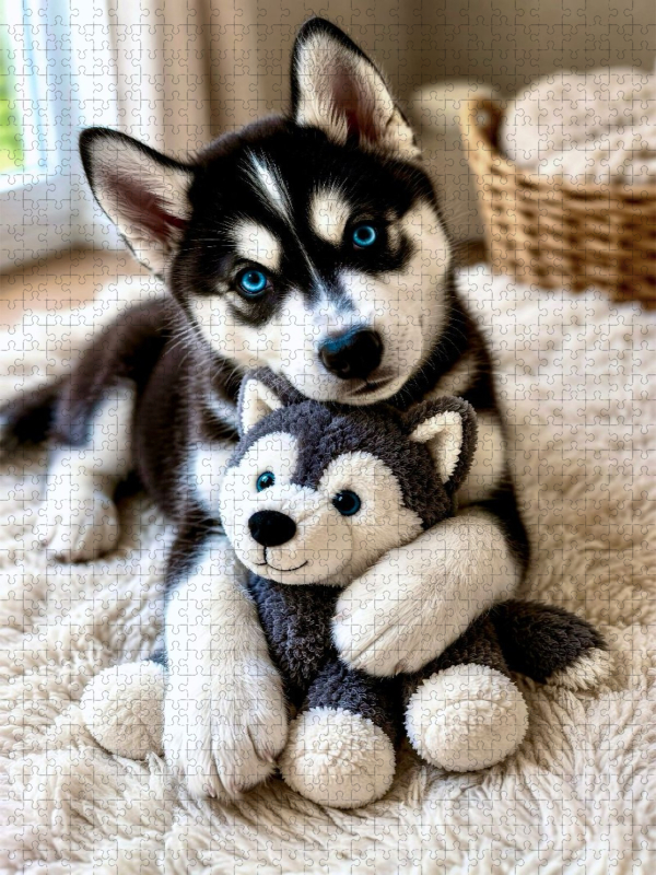 Husky Welpe mit Kuscheltier